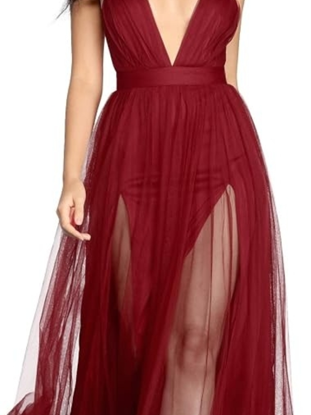 Windsor Deep Red Tulle V-Neck Evening Dress